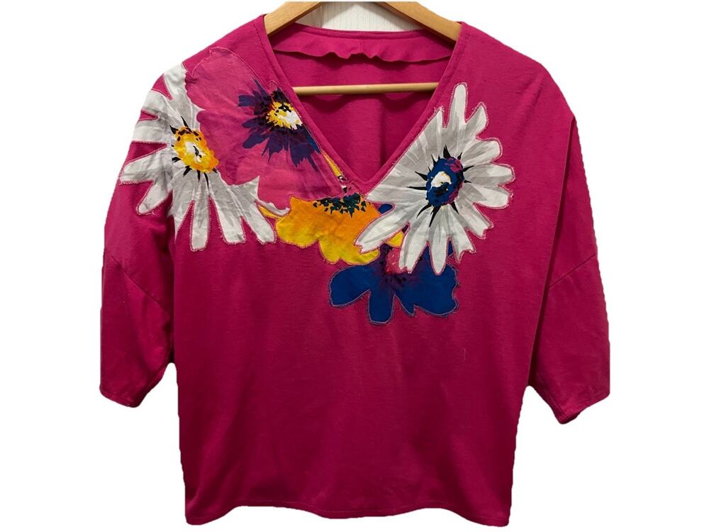 VTG 80s Daisy Handmade Appliqué Top Pink Floral Colorful Granny Cottage Shirt